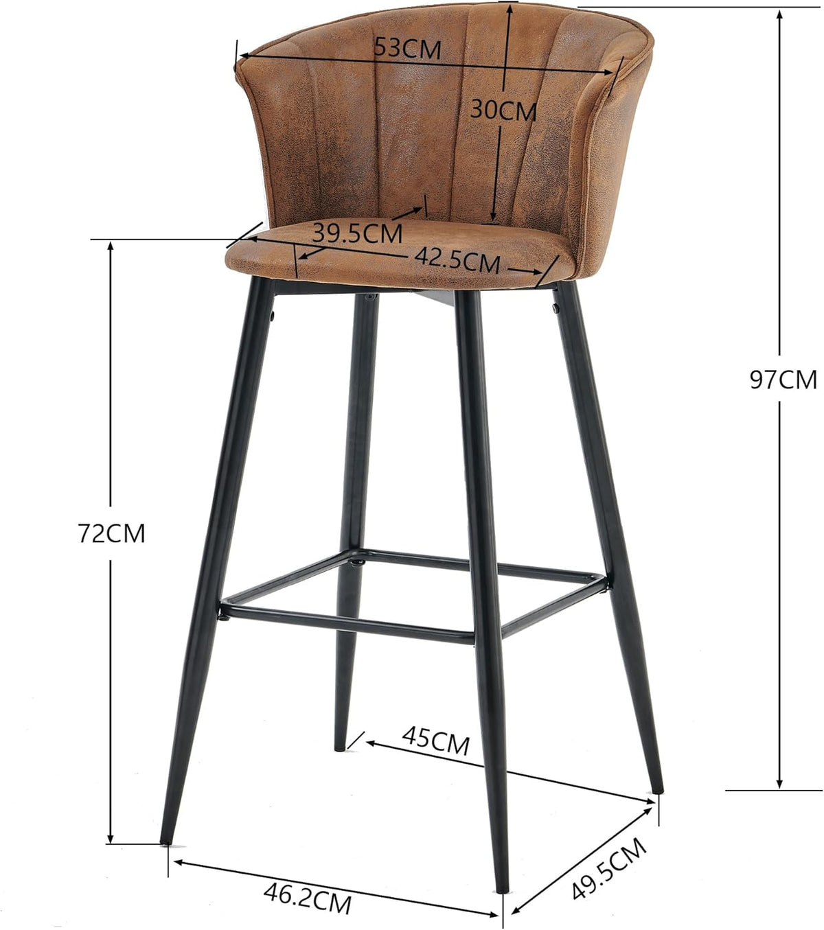 MEUBLE COSY Barkrukken, set van 2 retro barstoel vintage met armleuning rugleuning en voetensteun van synthetisch suède, metalen poten, bruin, 52,5x56,5x102cm