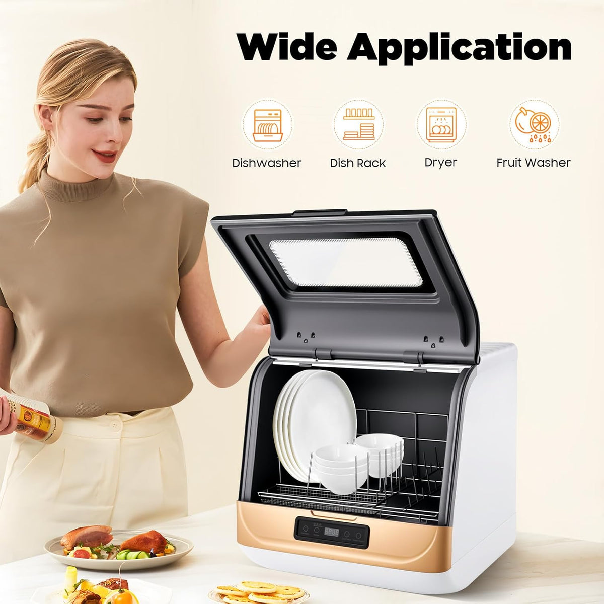800 W Tabletop Dishwasher with 3 Programs for 12-20 Crockery Parts, 360° Spray Machine, Mini Dishwasher for Home, Motorhome, Gold