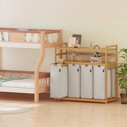 AdelDream Premium wasmand 200 liter, wassorteerder met 4 vakken en 2 planken, bamboe wasmand met uittrekbare en afneembare waszak, lichtgrijs