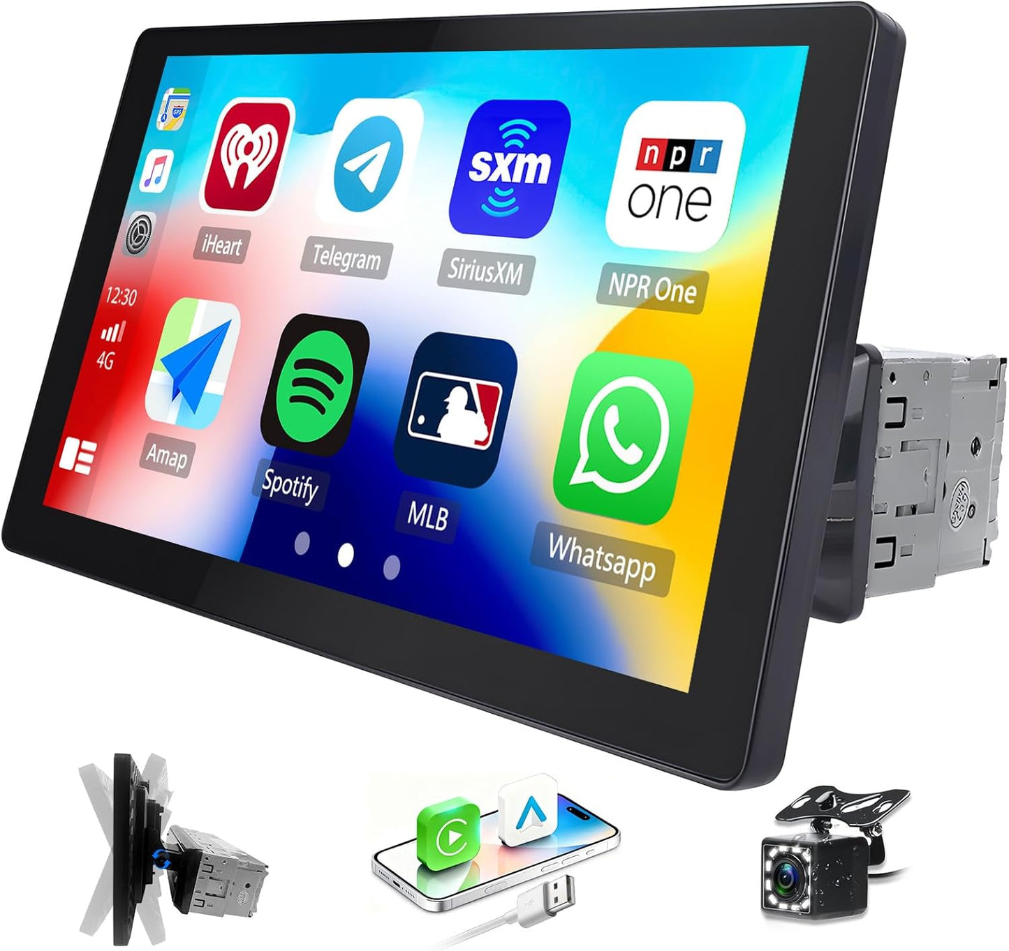 Bluetooth autoradio 1 DIN met Carplay Android Auto, 9 inch afneembaar touchscreen met kleurrijke lichten FM SWC Mirror Link + achteruitrijcamera