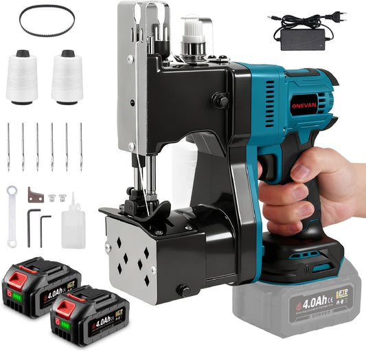 ONEVAN Draagbare elektrische zaknaaimachine, 18/21 V, met batterij, voor jute zakken, stof en kraftpapier, automatische draadsnijder, steeklengte 7-15 mm, blauw
