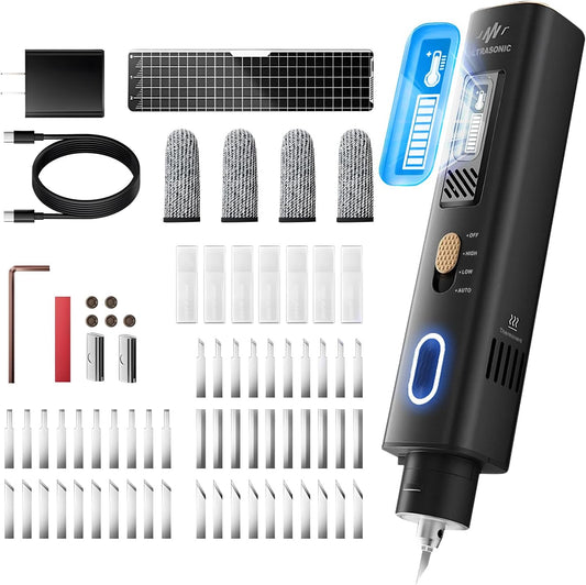 2-in-1 ultrasone snijder, 35w handheld, lichtgewicht, ultrasoon mes, met 50 messen en OLED-display, geschikt voor 3D-printmodellen van kunststof, hout, hars, polyethyleen en leer