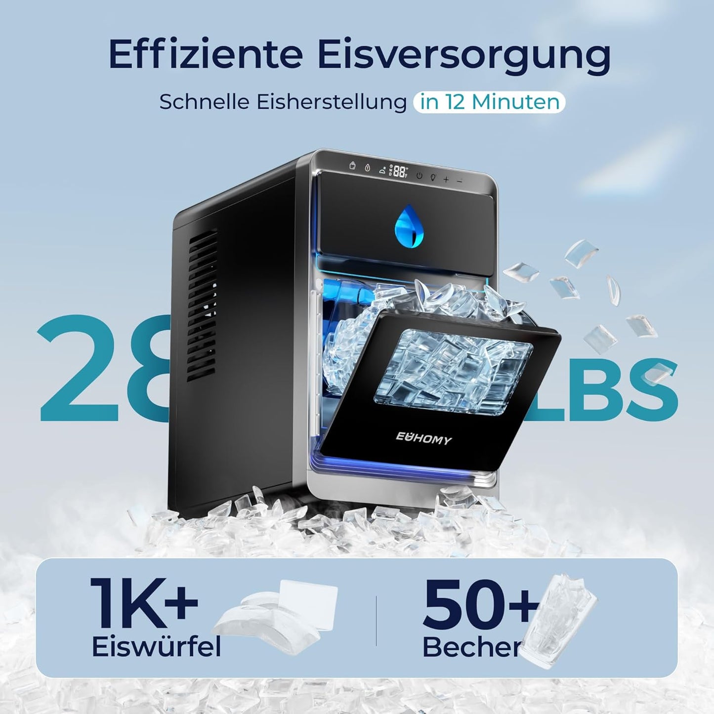 EUHOMY LunaArc Crescent IJsblokjesmachine met halve kristallen maan, 1600 stuks/dag, klaar in 12 minuten, automatische dieptereiniging, ijsblokjesmachine voor whiskey, koffie, zachte dranken