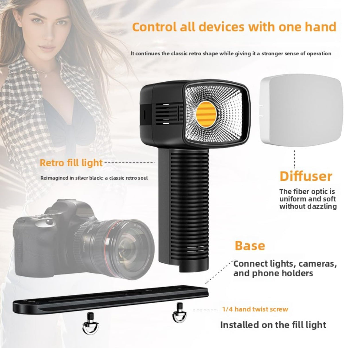 Retro LED Handlamp – Cameralamp – Videolamp – Fotolamp – Handcameralamp – 40W COB LED – 2700K-7000K, Instelbare Helderheid 0-100%