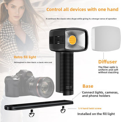 Retro LED Handlamp – Cameralamp – Videolamp – Fotolamp – Handcameralamp – 40W COB LED – 2700K-7000K, Instelbare Helderheid 0-100%