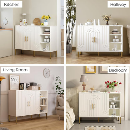 Buffetkast met gebogen texturen | Multifunctionele Sideboard - 2 deuren & 3 planken | Crème kleur 110x35x82 cm