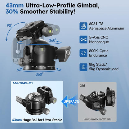 SIRUI Professioneel koolstofvezelstatief met 43 mm kogelkop met laag profiel, max. 50 inch hoogte, 20 kg belasting - ultra stabiel voor DSLR, spiegelloze, camera (AM-284S+G1)