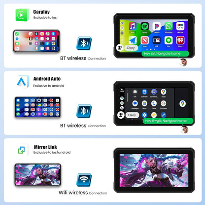 Motor GPS Navigatie Display met draadloze CarPlay en Android Auto, 6-inch IP68 waterdichte motorfiets Navigatie met Bluetooth Mirror Link, Siri EQ en bandenspanningssensor