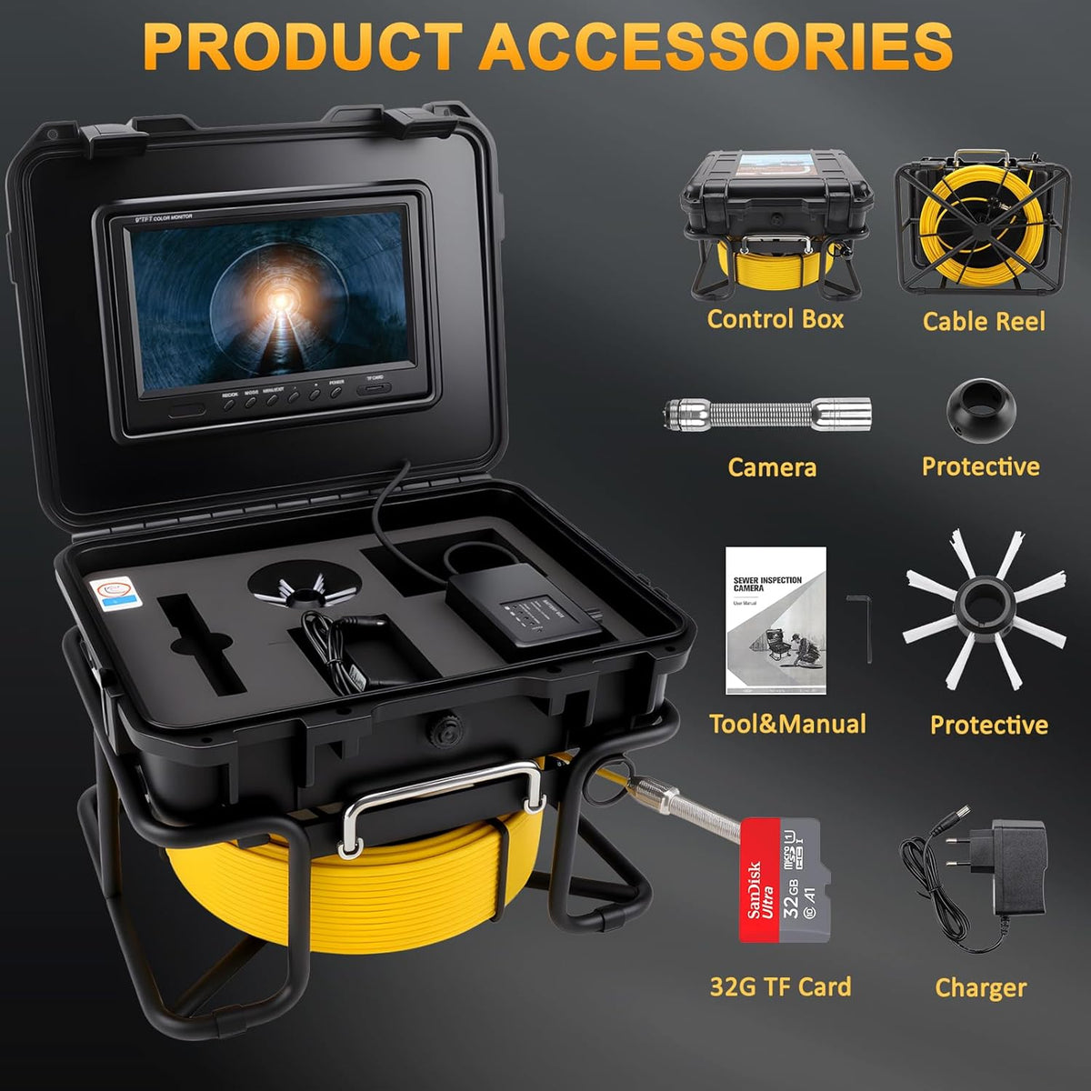 KAOLALI Buiscamera 50 m met licht, 9 inch kanalisatiecamera, 1080p HD endoscoop, inspectiecamera, DVR-recorder, kanaalcamera, IP68 waterdicht, met 6 ledlampen, voor loodgieter, 32 GB TF-kaart