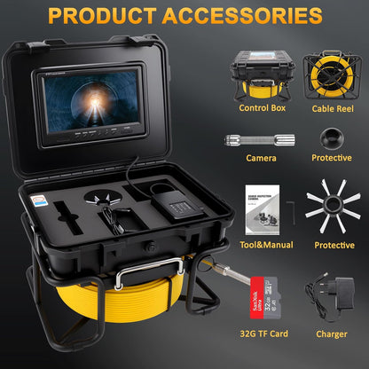 KAOLALI Buiscamera 50 m met licht, 9 inch kanalisatiecamera, 1080p HD endoscoop, inspectiecamera, DVR-recorder, kanaalcamera, IP68 waterdicht, met 6 ledlampen, voor loodgieter, 32 GB TF-kaart