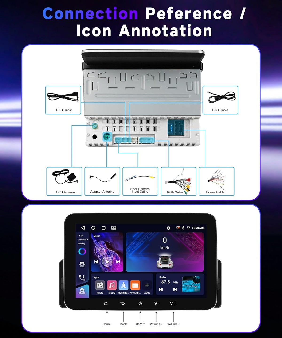 4G + 64G Android 15 autoradio 1 DIN met Carplay Android Auto draadloos, Carplay autoradio met touchscreen, 7 inch HD IPS, ondersteuning Bluetooth 5.0, FM-radio, RDS GPS, wifi, link, spiegel