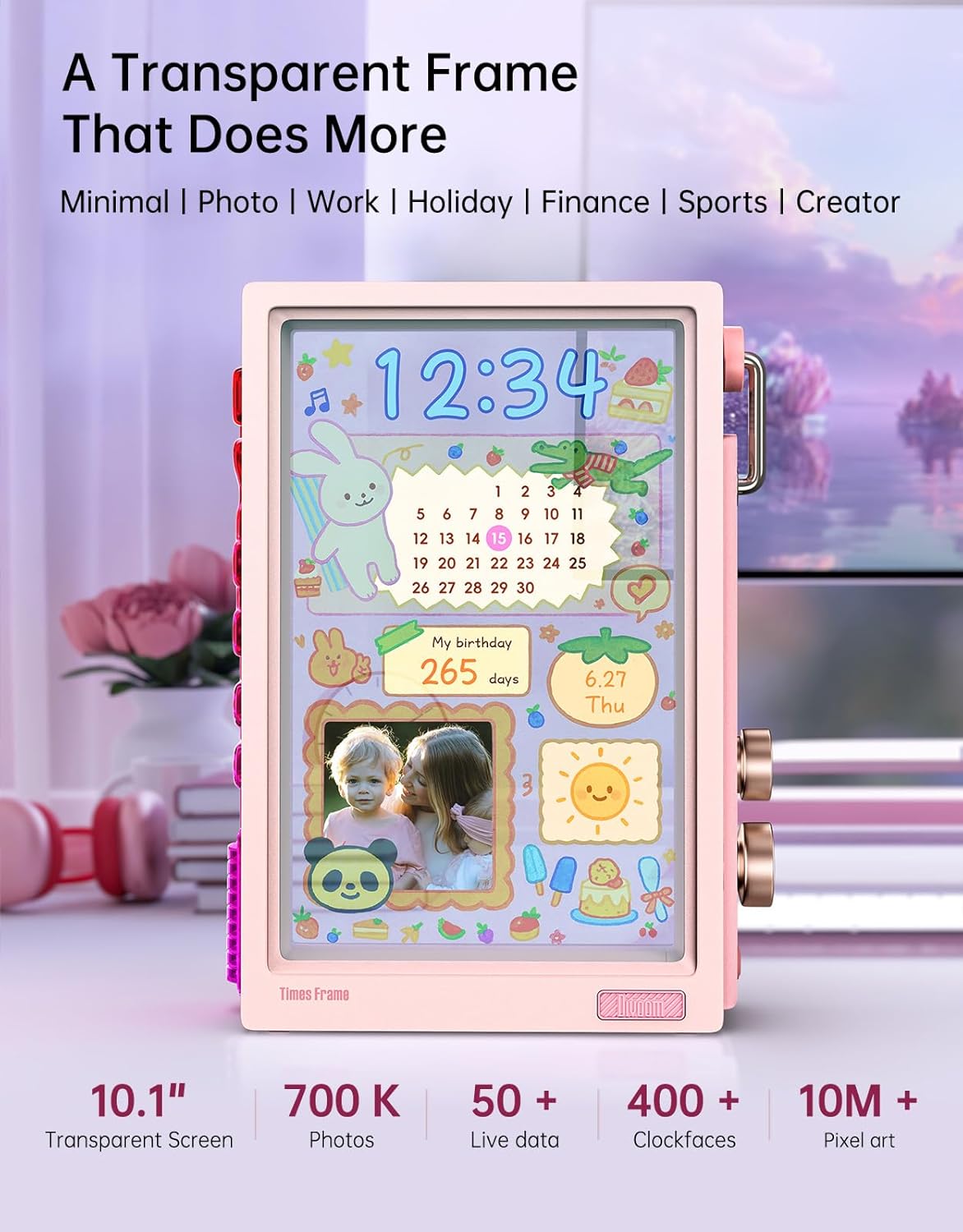 Divoom Times Frame Transparante digitale fotolijst (10,1 inch) met wifi en 64 GB, IPS-display met zwevend effect en RGB-draaiknop, 400+ wijzerplaten, widgets en pixel-art community (roze)