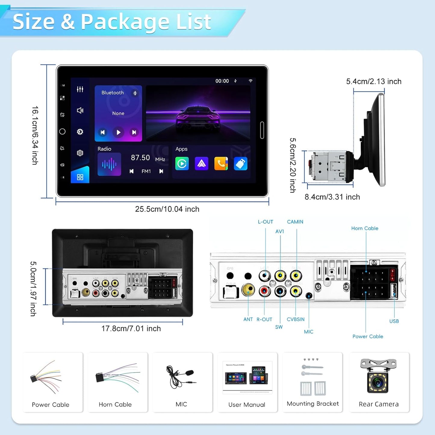 NHOPEEW 1 DIN autoradio met draadloze Carplay en Android auto - 10,1 inch autoradio ondersteuning online video FM/AM stuurbediening + 12 LED achteruitrijcamera