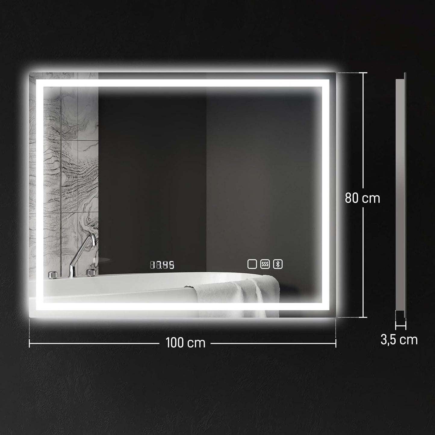 Badkamerspiegel – LED Spiegel – Wandspiegel – Verlichte Spiegel – Bluetooth Spiegel – Anti-Condens – 100 x 80 cm – Gehard Glas