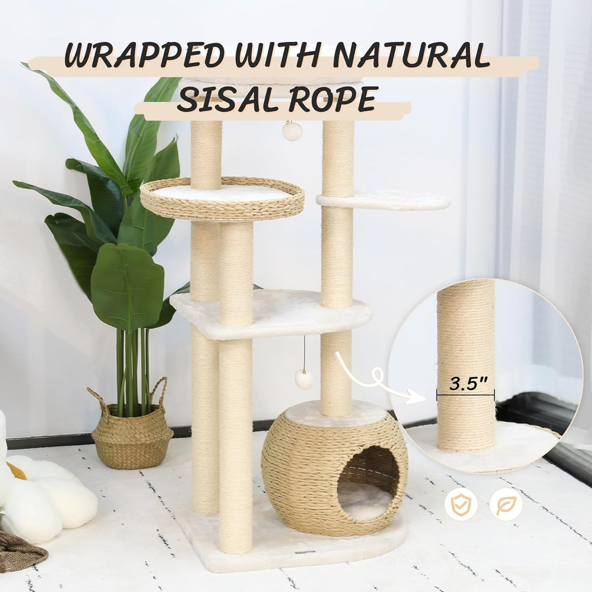 Kattenklimtoren – Kattenboom – Krabpaal – Kattenmeubel – Klimpaal – 134,5 cm Hoog – Natuurlijke Sisal Krabpalen – Handgeweven Mandje