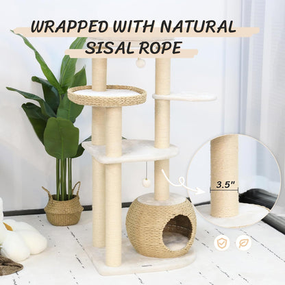 Kattenklimtoren – Kattenboom – Krabpaal – Kattenmeubel – Klimpaal – 134,5 cm Hoog – Natuurlijke Sisal Krabpalen – Handgeweven Mandje