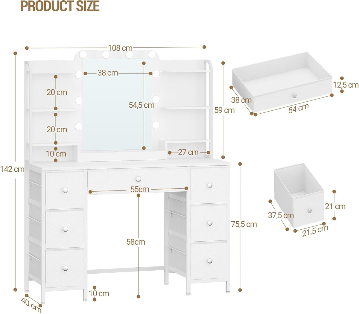 Hzuaneri LED Makeup Table, Vanity Table with Large HD Mirror, 7 Drawers and 6 Storage Compartments, Dressing Table for Bedroom, Modern White DT42303XEU