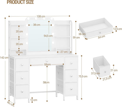 Hzuaneri LED Makeup Table, Vanity Table with Large HD Mirror, 7 Drawers and 6 Storage Compartments, Dressing Table for Bedroom, Modern White DT42303XEU
