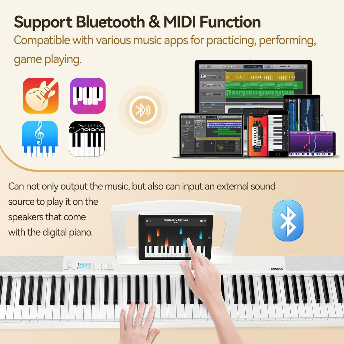 E Piano 88 toetsen – Keyboard Piano – Digitale Piano – Elektrische Piano – 88 Toetsen Keyboard – Opvouwbaar – Bluetooth & MIDI – Wit