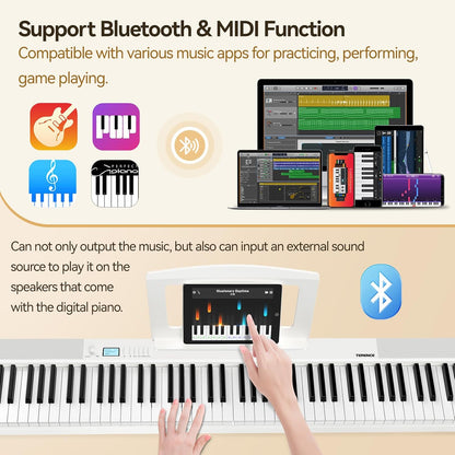 E Piano 88 toetsen – Keyboard Piano – Digitale Piano – Elektrische Piano – 88 Toetsen Keyboard – Opvouwbaar – Bluetooth & MIDI – Wit