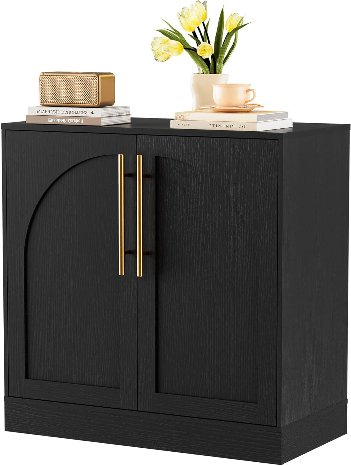 Zwart Dressoir – Opbergkast – Kastje – Dressoirkast – Sidetable – MDF – Gouden Handgrepen – Compact 78x39,5x78 cm