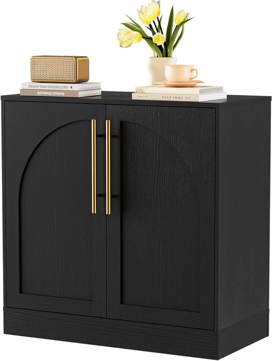 Zwart Dressoir – Opbergkast – Kastje – Dressoirkast – Sidetable – MDF – Gouden Handgrepen – Compact 78x39,5x78 cm