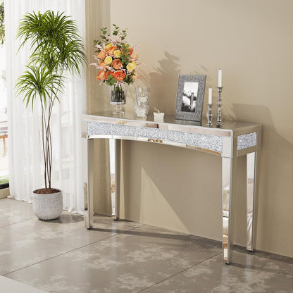 Consoletafel met spiegeloppervlak: 120 x 35 x 80 cm, moderne zilveren haltafel van glas met glanzende diamanten, luxe decoratie voor hal, kaptafel, woonkamer, slaapkamer