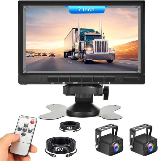 Achteruitrijcamerasysteem met dubbele achteruitrijcamera, 7 inch monitor 2 split-beeldscherm, waterdicht, nachtzicht HD, achteruitrijcamera's auto voor vrachtwagen, camper, trailer, auto, 12 V