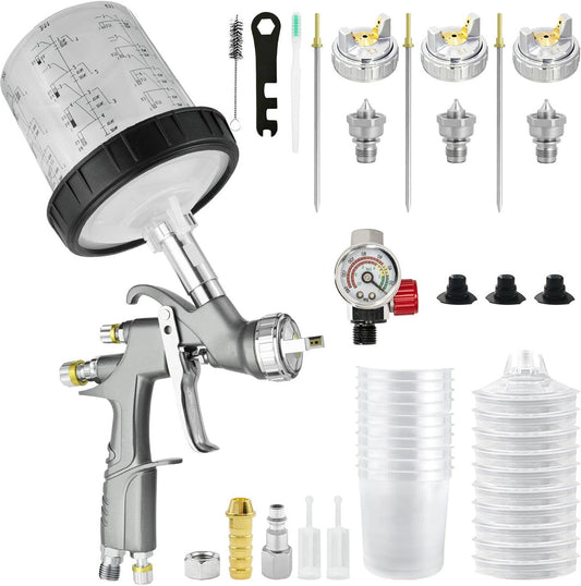 D1 LVLP Spuitpistool – Verfspuit – Lakspuit – Pneumatisch Spuitpistool – Spray Gun Set – 3 Verwisselbare Nozzles 1.3/1.5/1.7 mm – 650 ml Mengbeker Met 10 Wegwerpbekers
