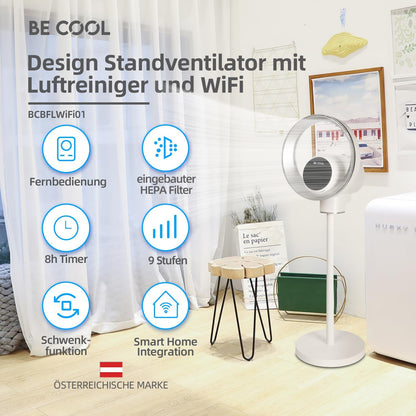 Be Cool Design staande ventilator met wifi: onzichtbare vleugel, ledverlichting, touch-bedieningspaneel + lcd, luchtreinigingsfunctie met luchtkwaliteitsindicatie, 35 W, 9 snelheden, wifi via Tuya-app