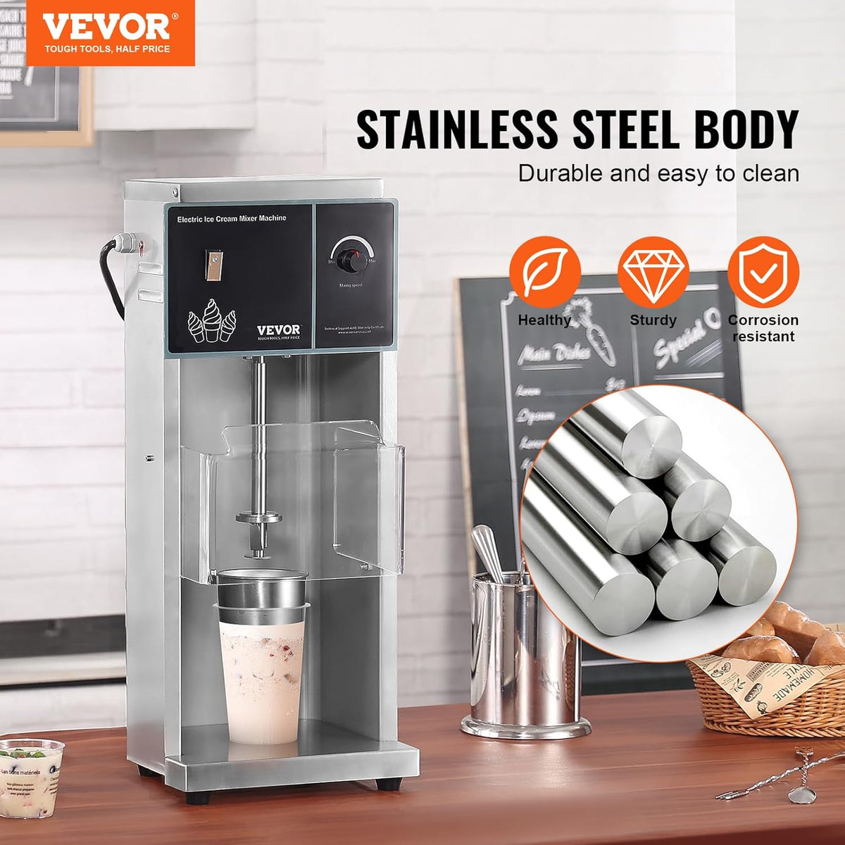 VEVOR IJsmixer met hoge snelheid, 400 W, 4200 omw/min, traploze snelheidsinstelling, van roestvrij staal 304, 3 handbekers, bereidt verschillende ijsaroma's voor, 257 x 220 x 620 mm, zilver