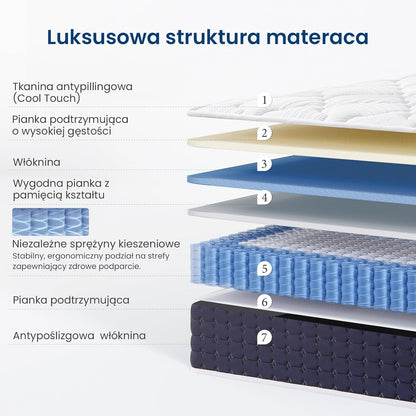 Coolvie Matras, 160 x 200 cm, orthopedische 7-zone pocketveringmatras, H3, hoogte 20 cm, met gel-traagschuim voor zijslapers en rugslapers, Oeko-Tex gecertificeerd