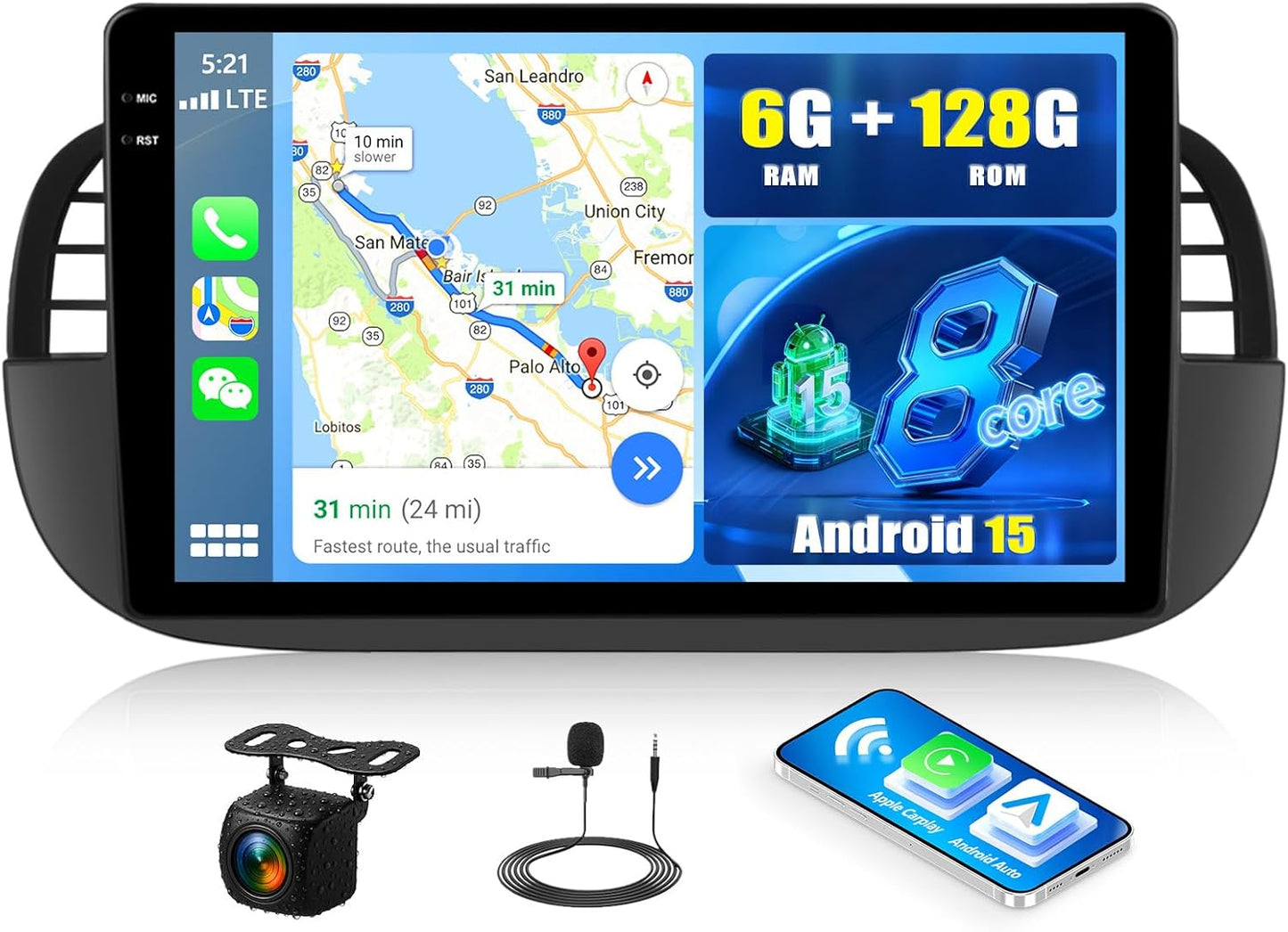 Android 15 Autoradio Fiat 500 – Multimedia Speler – Navigatiesysteem – DAB Radio – Touchscreen Radio – 9 Inch HD Scherm – Draadloze CarPlay & Android Auto