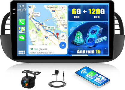 Android 15 Autoradio Fiat 500 – Multimedia Speler – Navigatiesysteem – DAB Radio – Touchscreen Radio – 9 Inch HD Scherm – Draadloze CarPlay & Android Auto