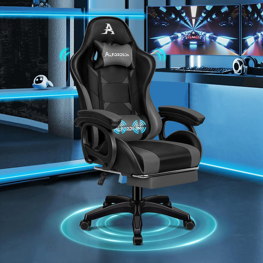 ALFORDSON Gaming Chair Office Chair with 2-Point Massage, Footrest, Headrest and Lumbar Cushion, 150° Adjustable Backrest, PU Leather, Grey - QUORE