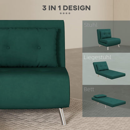 HOMCOM Slaapstoel, klapstoel met bedfunctie, enkele bank met kussen, logeerbed, gestoffeerde bank met fluwelen look, voor woonkamer, slaapkamer, donkergroen, 77 x 88 x 83 cm