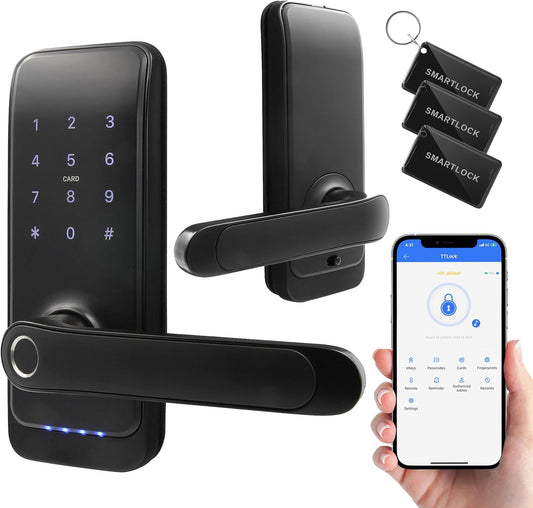 EURA ELH-01H4 Smart deurslot met handgreep, codeslot, 13,56 MHz nabijheidslezer, biometrische lezer, app TTLock/TTHotel, IP65, universele vergrendelafstand, zwart