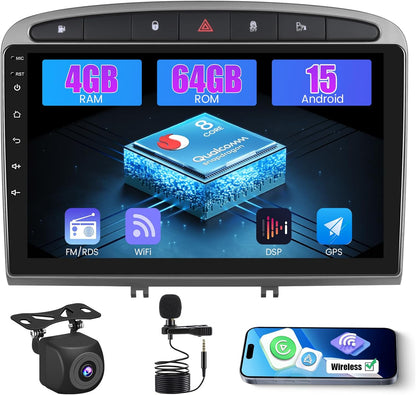 Android Autoradio – Multimediasysteem – Navigatiesysteem – Inbouwradio – Touchscreen Radio – Voor Peugeot 308/408 2007-2015 – Draadloze CarPlay & Android Auto – 9 Inch Touchscreen