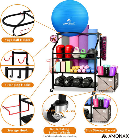Amonax Home Gym Opslag Halterrek, Gewichtsstandaard Kettlebell Rack Yoga Mat Houder Rack voor Barbell Pad Weerstandsband Foam Roller, Fitness Accessoires Organizer Workout Apparatuur voor Vrouwen