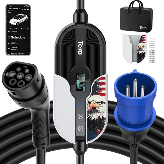 Tera Smart Draagbare EV oplader type 2, alleen voor gebruik binnenshuis, 7,6 kW EV-oplader, CE & TüV 16-32A app, wifi, Bluetooth, draagbaar en voor wandmontage, 7 meter oplaadkabel,