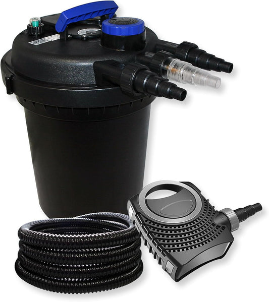Drukfilterset vijverfilter 10.000 l, UVC-vijverzuiveraar 11W, pomp 70W en slang 25m