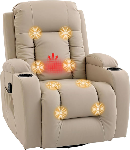 HOMCOM Massagestoel TV-stoel Relaxstoel met warmtefunctie, ligstoel met afstandsbediening, bekerhouder, crèmewit 85 x 94 x 104 cm