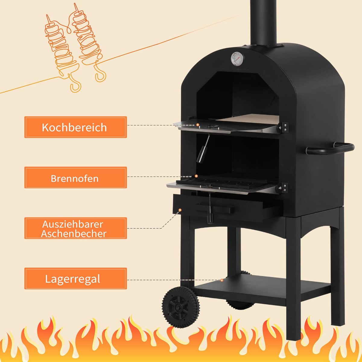 Outsunny 2-in-1 Outdoor Pizza Oven with Rolls Grill Oven with Protective Cover Pizza Shovel 2 Grill Nets Grill Trolley with Fireplace 63-Layer Wood Oven for BBQ Steel Black + Silver 54 x 161 x 161 cm - QUORE