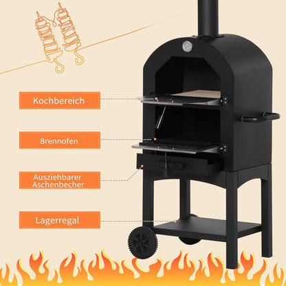 Outsunny 2-in-1 Outdoor Pizza Oven with Rolls Grill Oven with Protective Cover Pizza Shovel 2 Grill Nets Grill Trolley with Fireplace 63-Layer Wood Oven for BBQ Steel Black + Silver 54 x 161 x 161 cm - QUORE