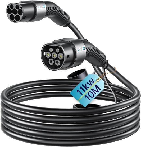 QIAO)) oplaadkabel type 2, Electric Car Type 2 to Type 2 IEC 62196 EV Charger Cable, Mode 3 EVs en PHEVs Fast Charging Cable with Carry Bag (11 kW, 10 M)
