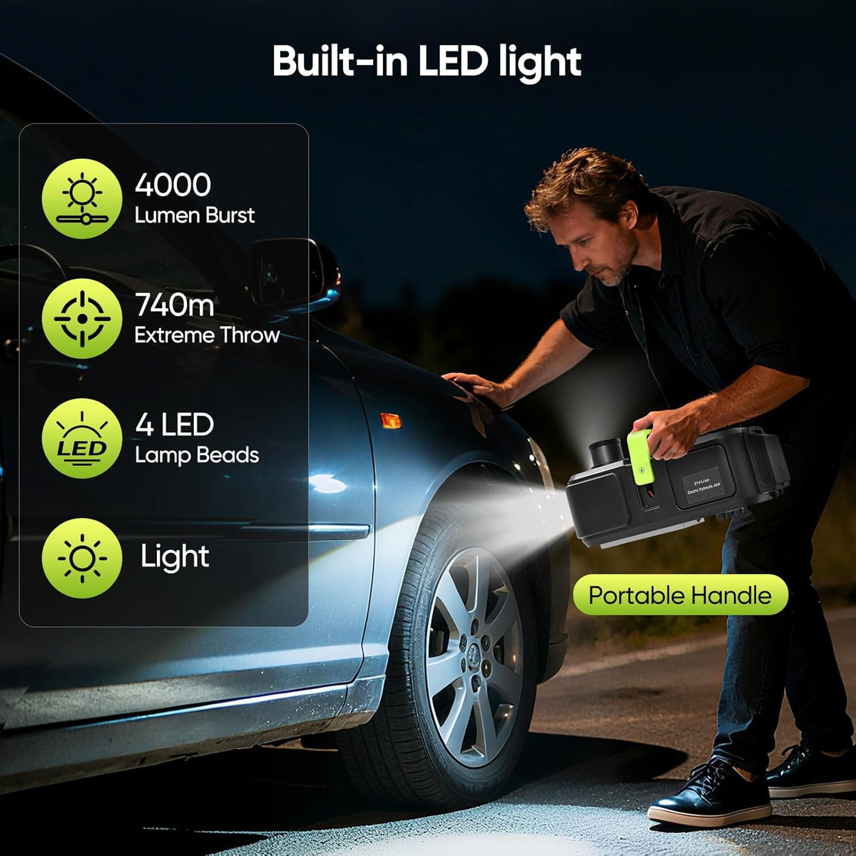 Elektrische krik, 21 V, 5 T hefgereedschap met 4000 mAh accu, waarschuwingssymbool en ledlicht, 150-540 mm hefhoogte, geschikt voor auto's, SUV, limousine, MPV, vrachtwagen en
