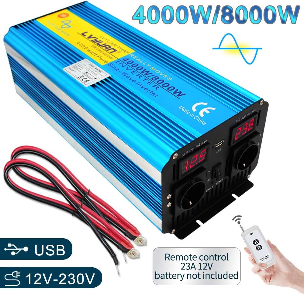 Omvormer, zuivere sinusgolf, 4000 W, 8000 W, transformator van 12 V naar 220 V, 230 V, met afstandsbediening en 2 USB-poorten, 2 leds