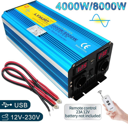 Omvormer, zuivere sinusgolf, 4000 W, 8000 W, transformator van 12 V naar 220 V, 230 V, met afstandsbediening en 2 USB-poorten, 2 leds