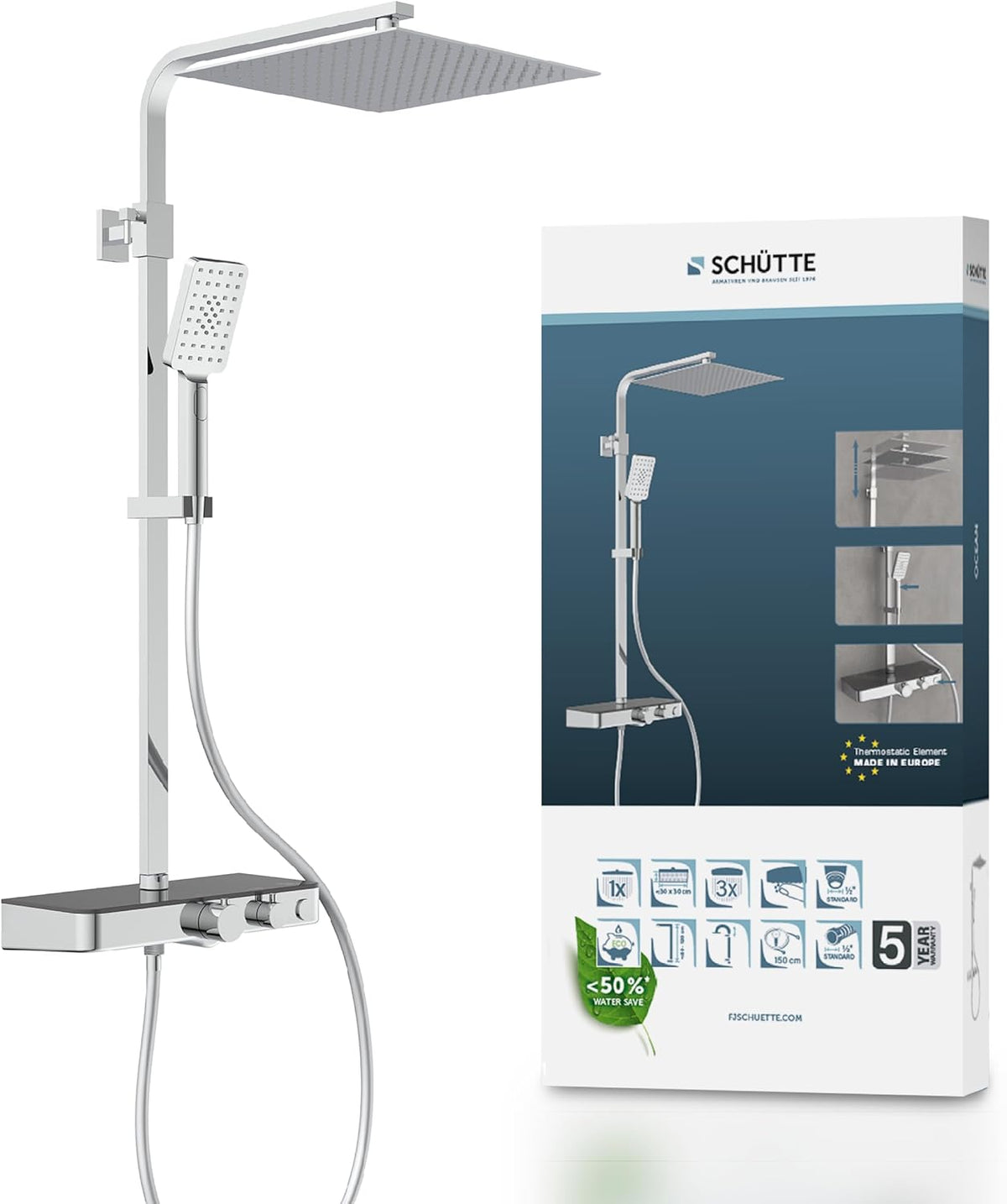 SCHÜTTE Ocean 60531 Douchesysteem met thermostaat en glazen legplank, doucheset met 30 x 30 cm, regendouche met wandhouder en douchekop, chroom/antraciet