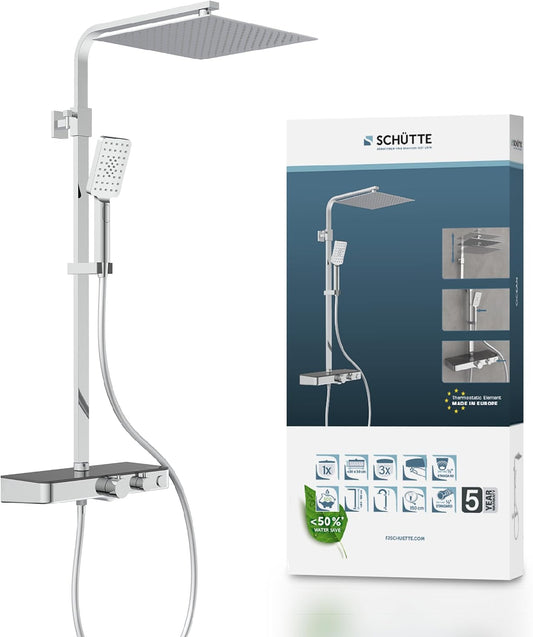 SCHÜTTE Ocean 60531 Douchesysteem met thermostaat en glazen legplank, doucheset met 30 x 30 cm, regendouche met wandhouder en douchekop, chroom/antraciet